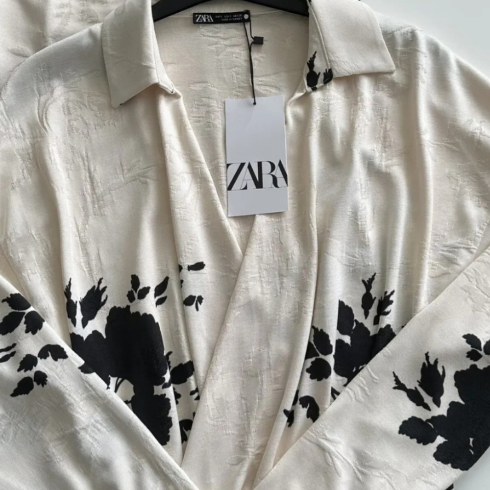 NWT ZARA Ecru Black Floral Jacquard Wrap Effect Midi Dress